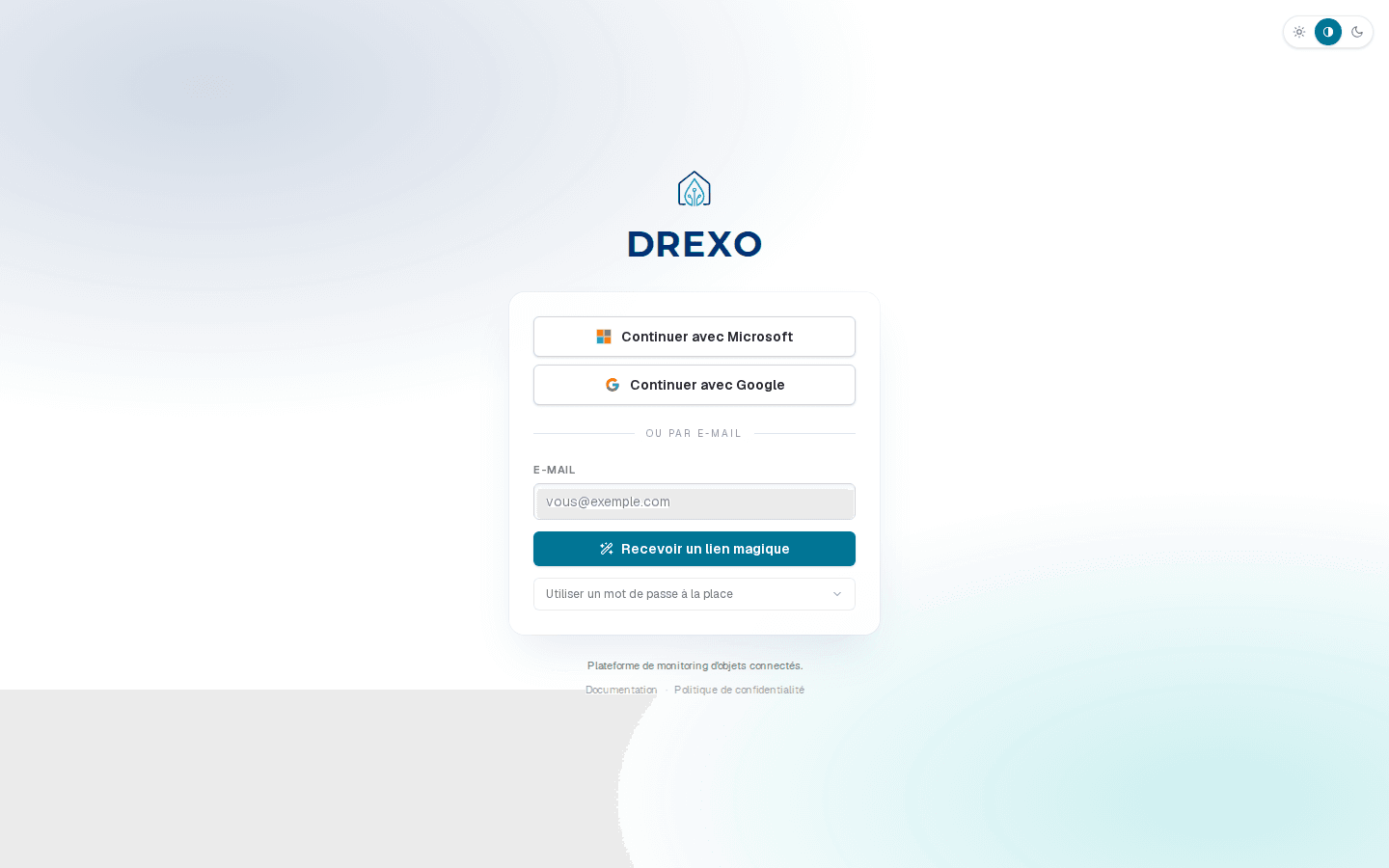 Page de connexion Drexo avec les trois moyens (Microsoft, Google, lien magique)